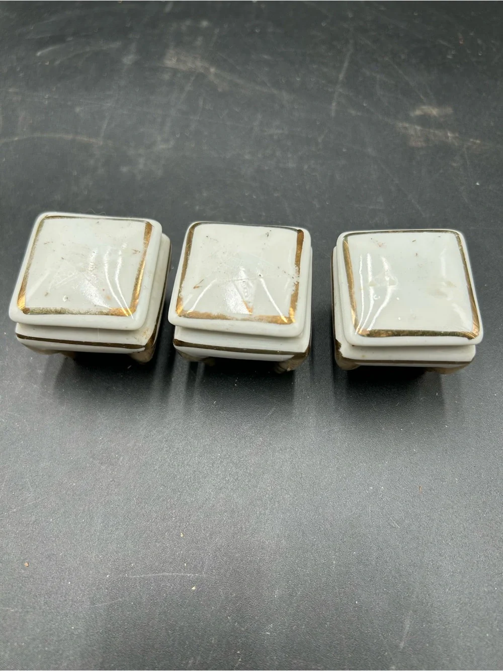 Set of 3 Small White Porcelain Footed Trinket Boxes with Gold Trim